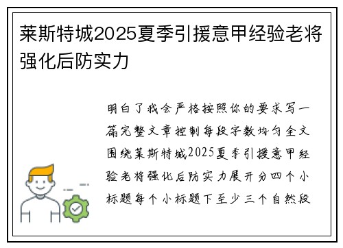 莱斯特城2025夏季引援意甲经验老将强化后防实力