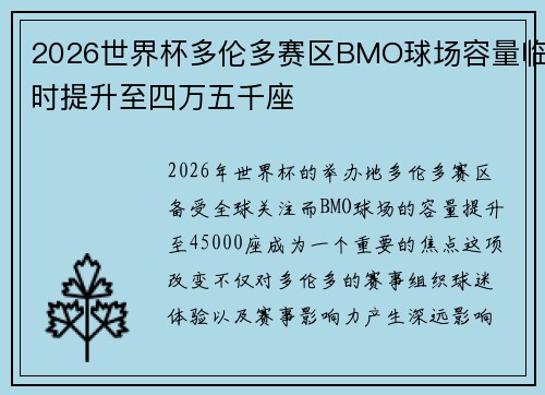 2026世界杯多伦多赛区BMO球场容量临时提升至四万五千座 2026世界杯多伦多赛区BMO球场容量临时提升至四万五千座