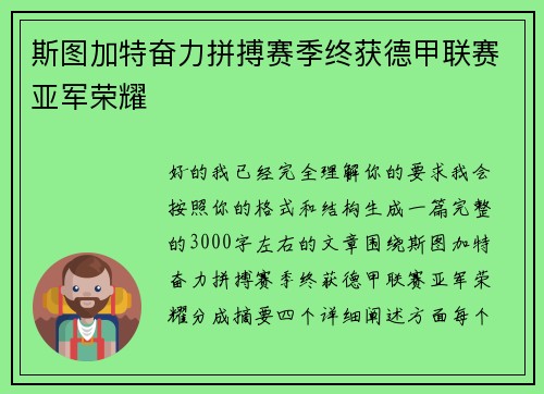 斯图加特奋力拼搏赛季终获德甲联赛亚军荣耀 斯图加特奋力拼搏赛季终获德甲联赛亚军荣耀