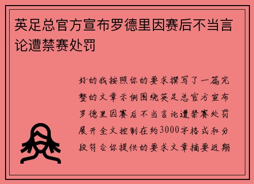 英足总官方宣布罗德里因赛后不当言论遭禁赛处罚 英足总官方宣布罗德里因赛后不当言论遭禁赛处罚